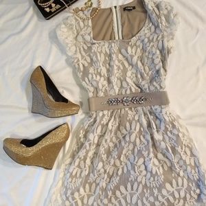 Nude Lace Overlay Casual Dress